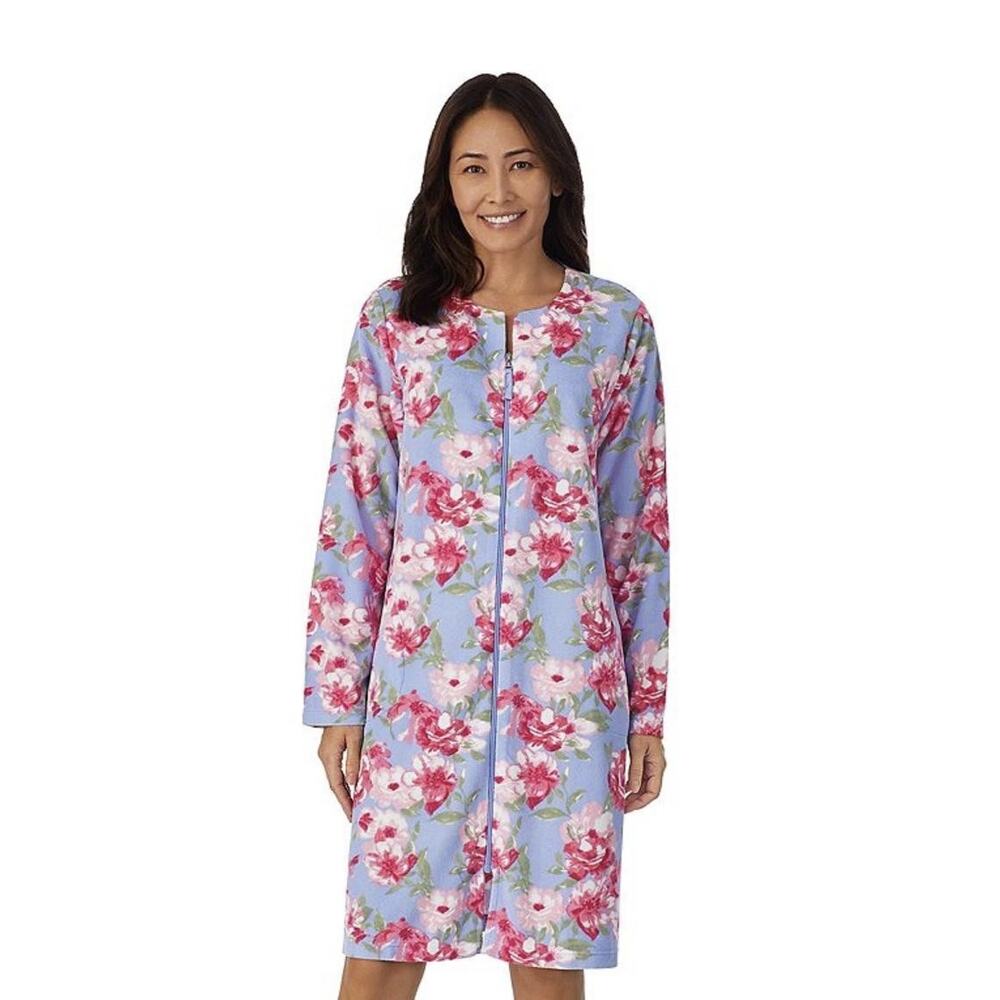 Stan Herman Robe Womens 3X Blue Floral Fleece Zip Front Long Sleeve Kaftan - Picture 3 of 11